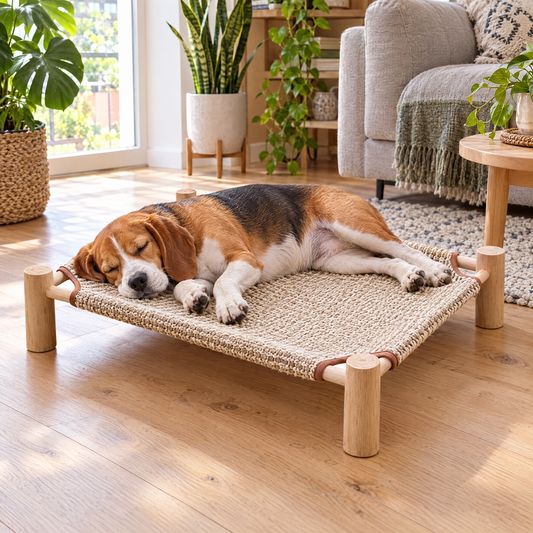Beagle śpi na drewnianym legowisku w jasnym salonie