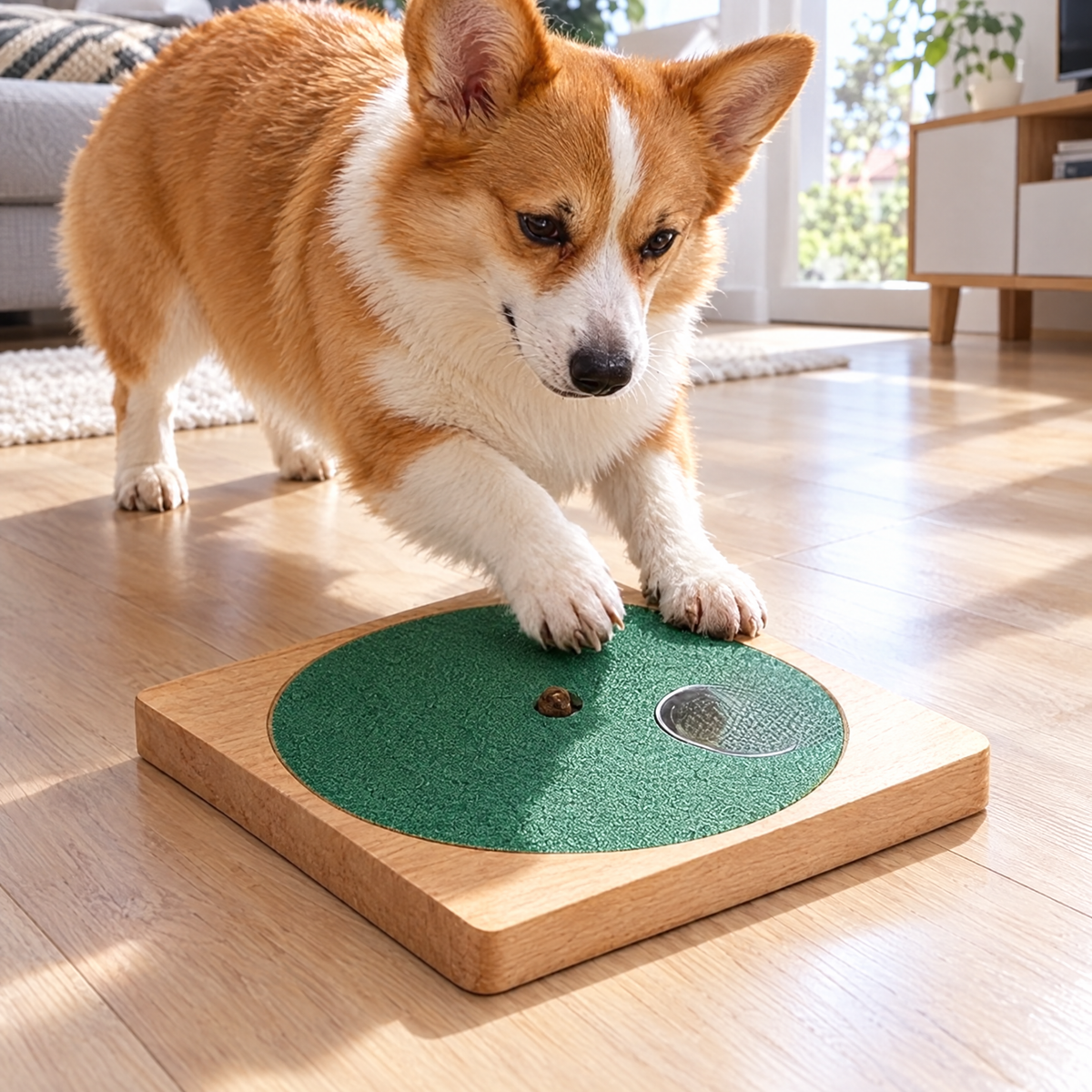 Corgi drapie obrotową tarczę, żeby dostać przysmak