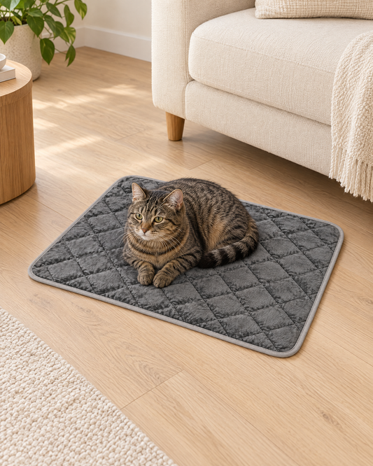 A tabby cat resting on the graphite PurrPad mat next to a couch