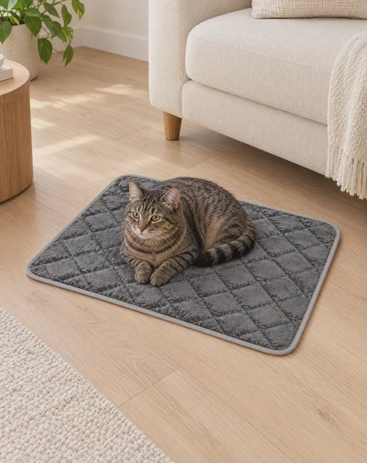 A cat lying on the PurrPad mat in a cozy corner at home